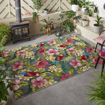 Tropicana 2 E Botanical Floral Durable Stain-Resistant Weatherproof Flatweave In-Outdoor Grey/Pink/Green/Multicolour Rug-Melrose-Rug Love - The Most Loved Rug Store